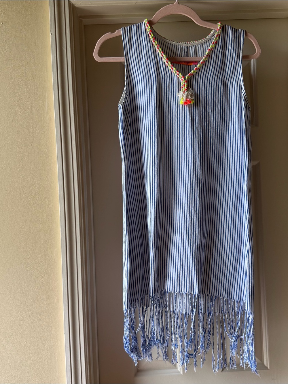 VILAGALLO Blue Stripe Viscose Linen IRIS Fringe Hem Mini Dress